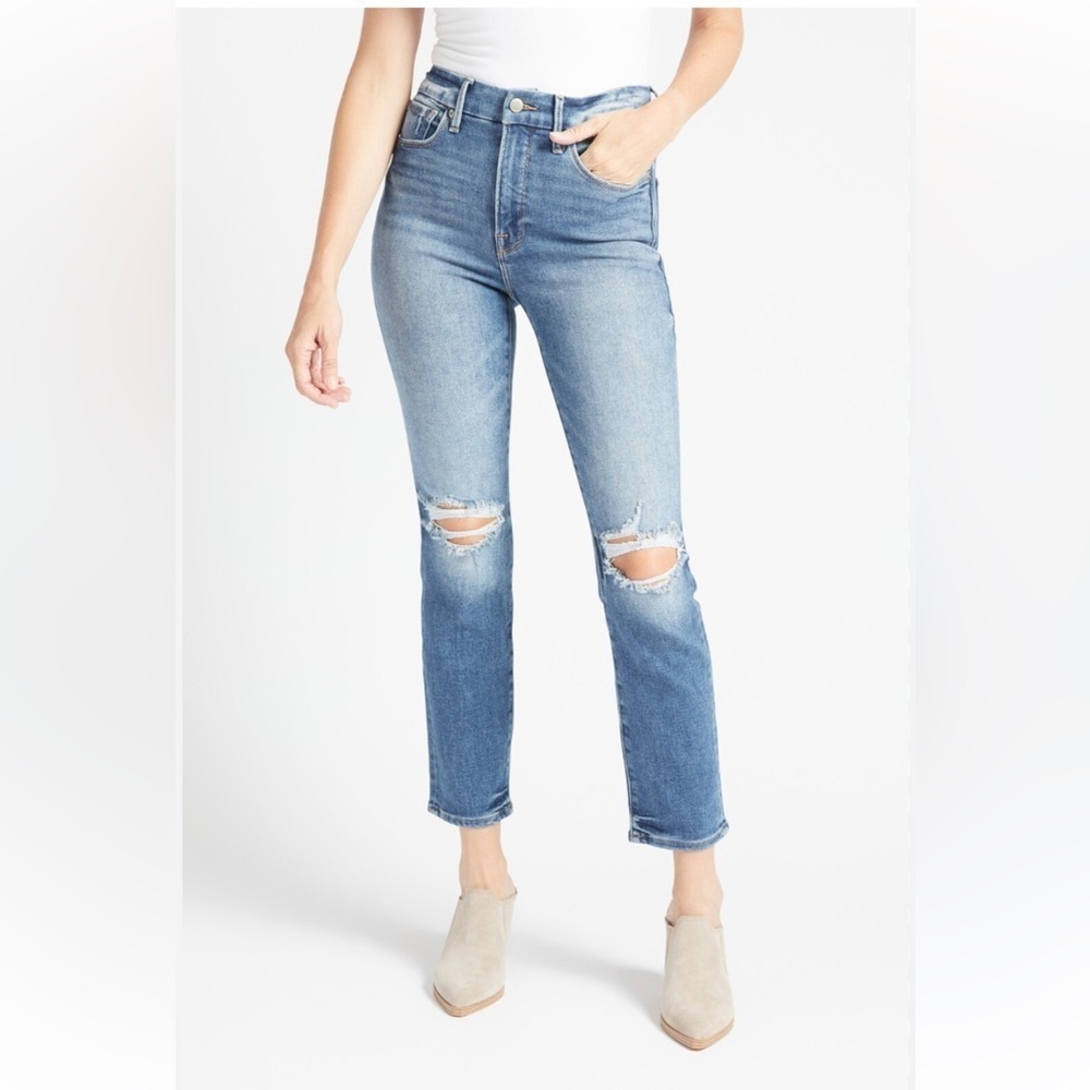 Good American | High waisted light wash denim distressed jeans size 4/27